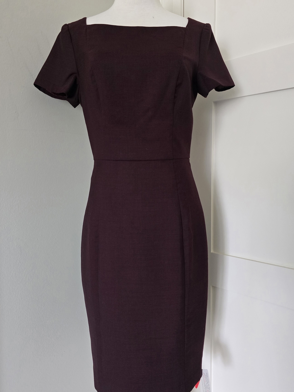 Brand New Reiss Wool Square Neck Sheath Dress in Deep Plum, Size 2